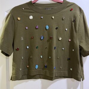 J. Crew Olive Embellished Short Sleeve Tee